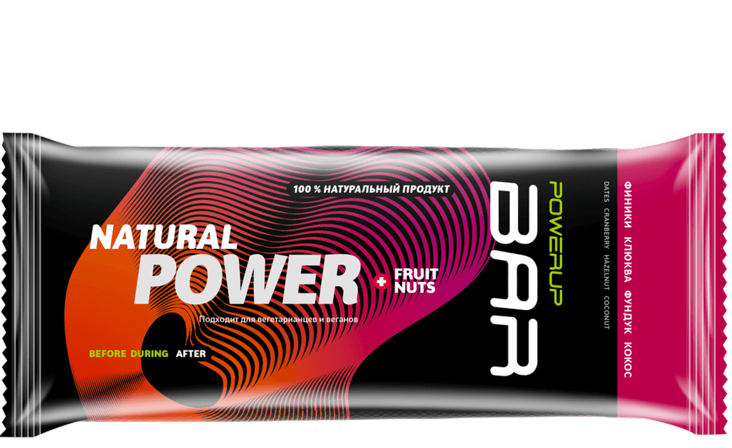 Энергетический батончик PowerUp Bar Fruit+Nuts клюква, фундук, кокос