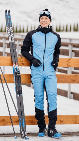 Мужской лыжный костюм с капюшоном Nordski Hybrid Warm light blue-black